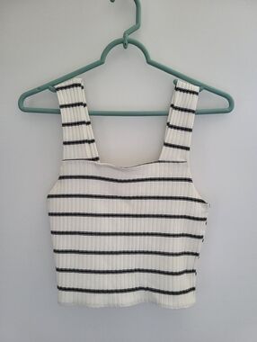 American Eagle Outfitters White and Black Striped Ribbed Square-Neck Tank